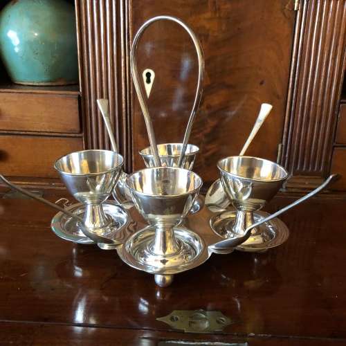 EGG CUP SET  ON STAND WITH TEASPOONS SILVER PLATED